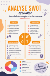 Illustration d'une analyse SWOT avec forces, faiblesses, opportunités et menaces.