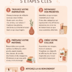 Un vision board coloré avec des images inspirantes et des mots motivants.
