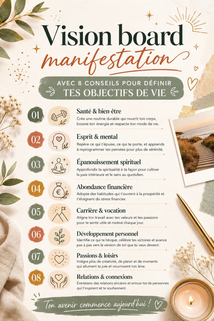 Un vision board coloré sur un mur inspirant avec des images et des mots-clés motivants.