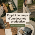 Femme écrivant son emploi du temps dans un carnet avec une tasse de thé à côté, symbolisant une journée productive.