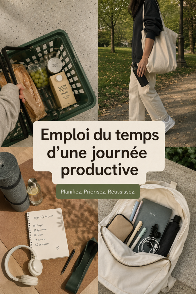Femme écrivant son emploi du temps dans un carnet avec une tasse de thé à côté, symbolisant une journée productive.