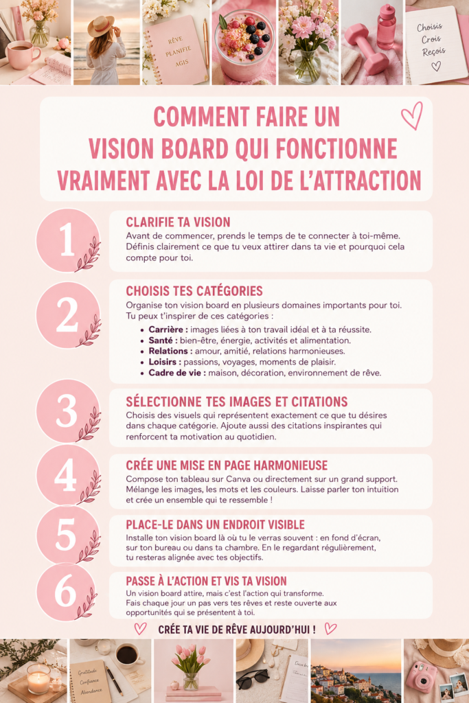 Un vision board coloré avec des images inspirantes et des mots motivants