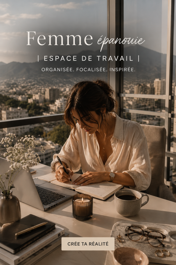 Un bureau inspirant et bien organisé avec des éléments décoratifs et fonctionnels.