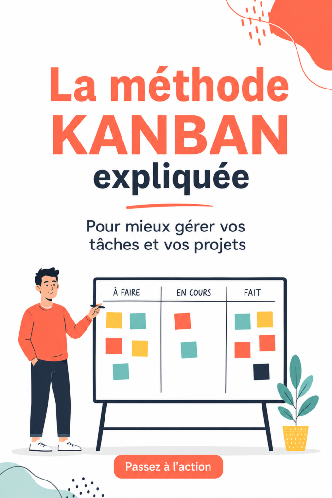 Tableau Kanban bien organisé avec des cartes colorées et des tâches illustrées.