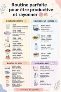 Femme en pleine méditation entourée d'éléments de bien-être, représentant une routine quotidienne productive.