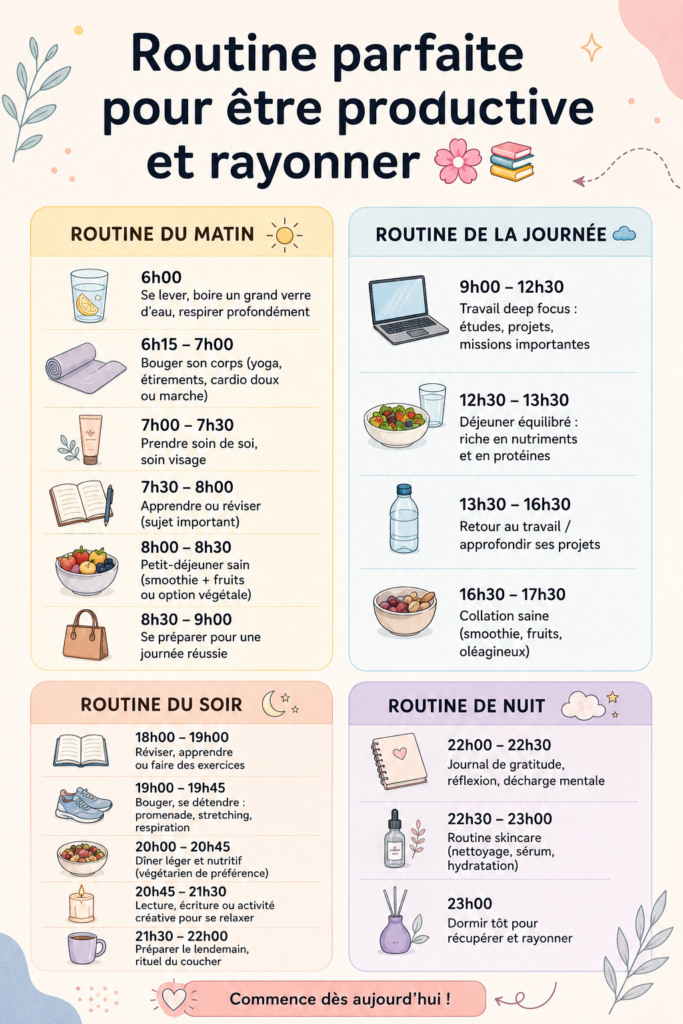 Femme en pleine méditation entourée d'éléments de bien-être, représentant une routine quotidienne productive.