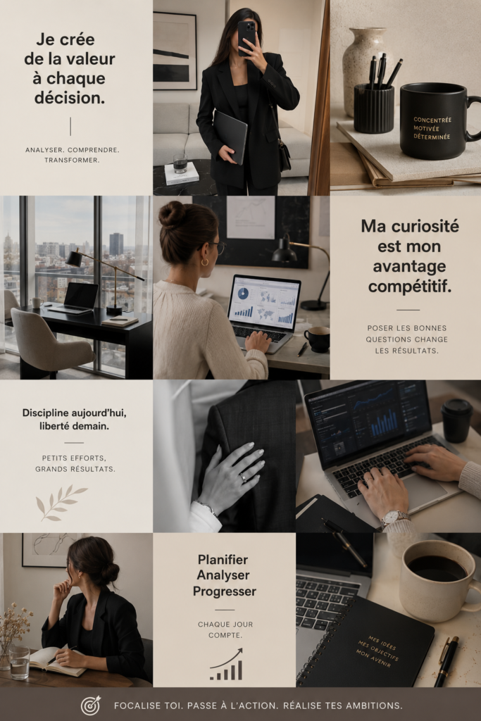 Un tableau de vision coloré avec des mots et images inspirants pour un data analyst.