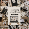 Une femme créant un tableau de rêves marketing avec des images et des mots inspirants.