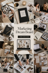 Une femme créant un tableau de rêves marketing avec des images et des mots inspirants.