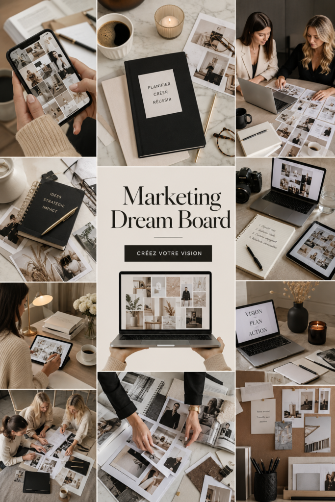 Une femme créant un tableau de rêves marketing avec des images et des mots inspirants.
