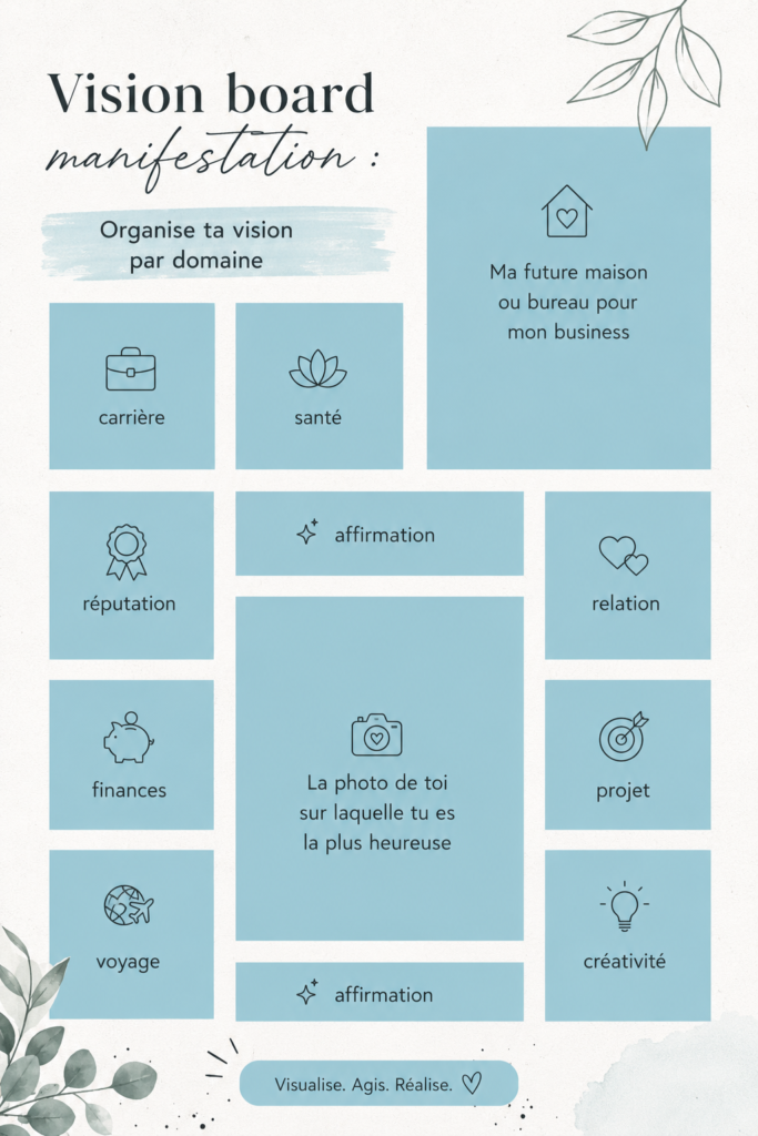 Tableau de vision coloré avec des images inspirantes et des mots-clés pour manifester des rêves