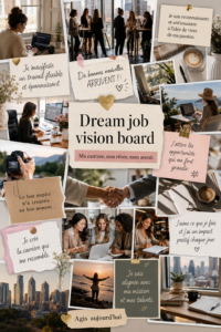 Tableau de visualisation coloré avec des images et des mots inspirants pour un travail de rêve.
