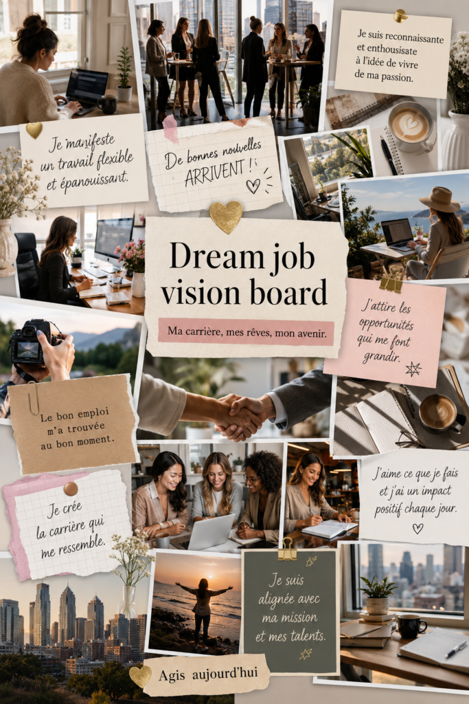 Tableau de visualisation coloré avec des images et des mots inspirants pour un travail de rêve.