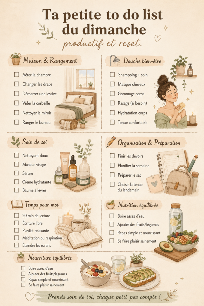 Une to-do list colorée sur un bureau avec une tasse de café, représentant un dimanche productif