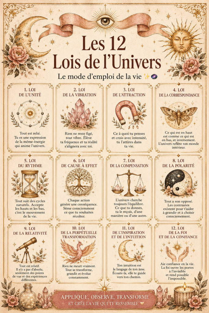 Illustration représentant les 12 lois de l'univers et leur impact sur la vie quotidienne