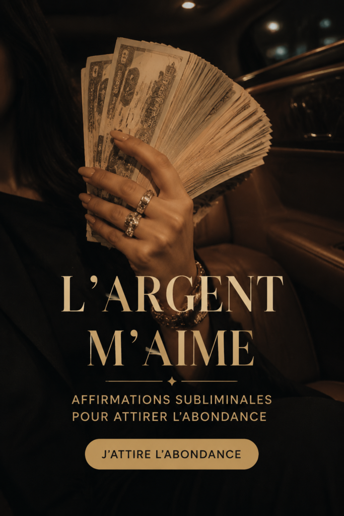 Image inspirante d'une femme méditant entourée de symboles d'abondance et de richesse.