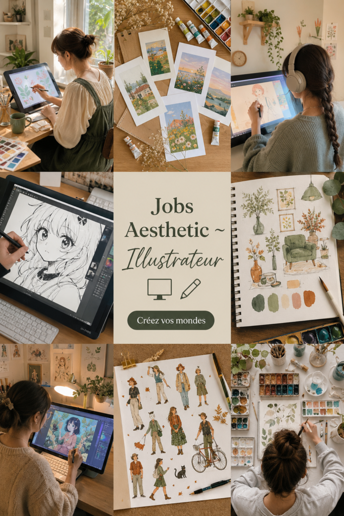 Une illustratrice travaillant sur un projet créatif, entourée de ses outils de dessin.