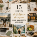 Un vision board coloré avec des images inspirantes et des mots-clés motivants pour réaliser ses rêves.