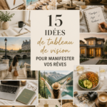 Un vision board coloré avec des images inspirantes et des mots-clés motivants pour réaliser ses rêves.