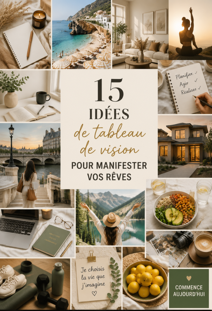 Un vision board coloré avec des images inspirantes et des mots-clés motivants pour réaliser ses rêves.