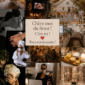 Une femme souriante en train d'écrire une lettre à son futur soi, abordant ses rêves et aspirations.