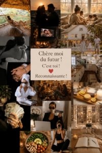 Une femme souriante en train d'écrire une lettre à son futur soi, abordant ses rêves et aspirations.