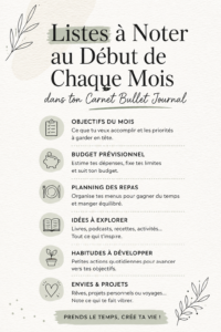 Un bullet journal ouvert avec des listes colorées et des stylos