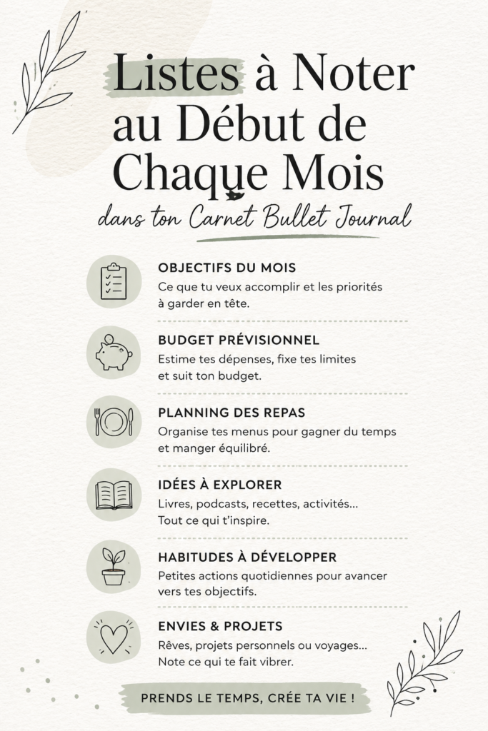 Un bullet journal ouvert avec des listes colorées et des stylos