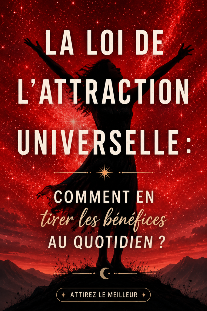 Illustration représentant la loi de l'attraction avec des éléments symboliques de pensée positive.