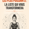 Une femme méditant en nature avec des mantras en fond.