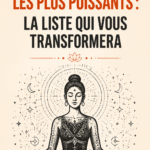 Une femme méditant en nature avec des mantras en fond.