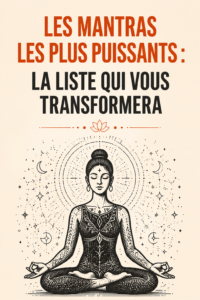 Une femme méditant en nature avec des mantras en fond.