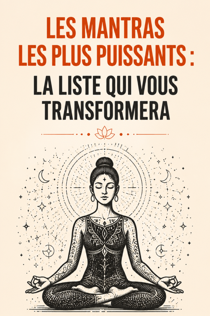 Une femme méditant en nature avec des mantras en fond.