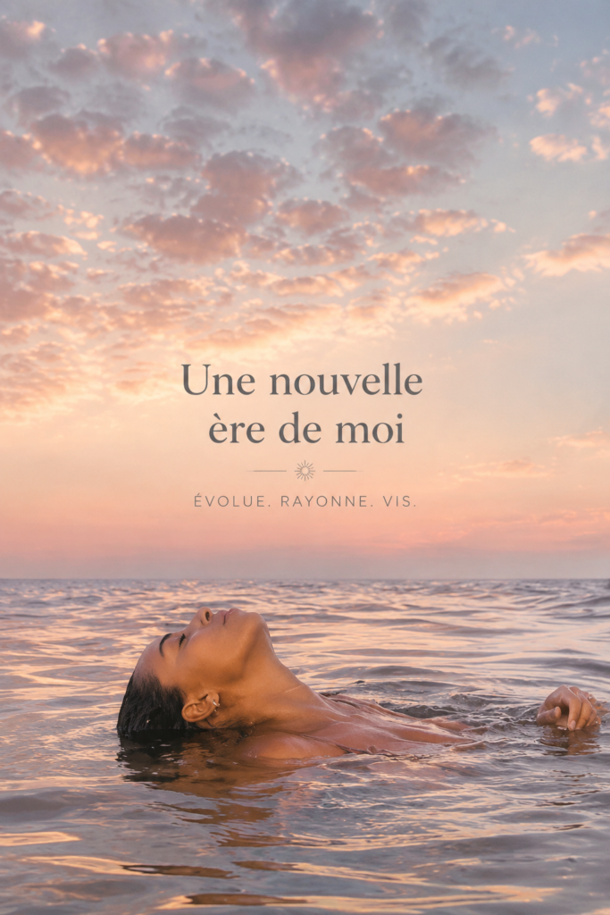 Femme souriante explorant son identité, entourée de nature, symbolisant une nouvelle ère.