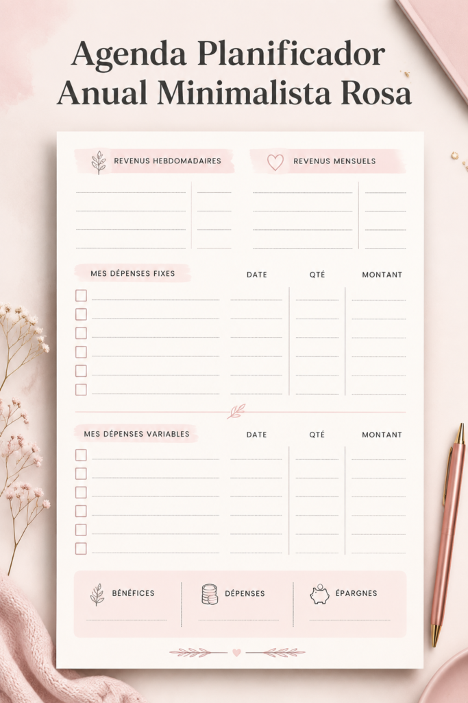 Agenda minimaliste en rose avec une mise en page élégante sur fond blanc