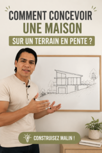 Maison moderne construite sur un terrain en pente avec aménagement extérieur soigné.