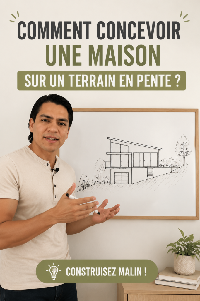 Maison moderne construite sur un terrain en pente avec aménagement extérieur soigné.