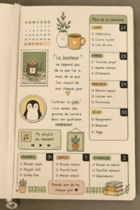 Bullet journal ouvert avec des sections sur la boulangerie et des illustrations gourmandes