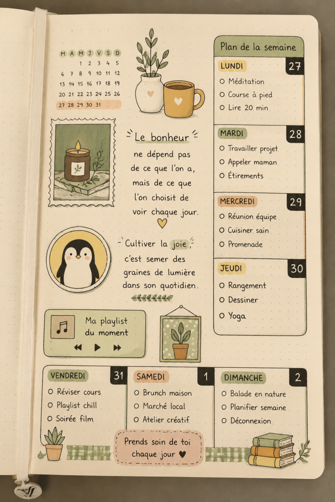 Bullet journal ouvert avec des sections sur la boulangerie et des illustrations gourmandes