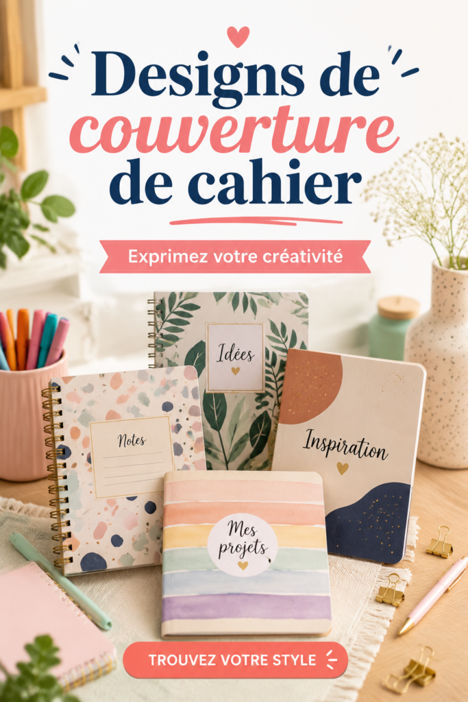 Designs de couvertures de cahier créatifs et inspirants avec des motifs variés.