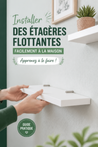 Une image d'une pièce avec des étagères flottantes en bois décorées avec des plantes et des livres.