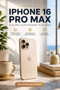 Vue de l'iPhone 16 Pro Max avec son écran au design moderne et élégant.
