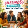 Famille jouant ensemble à un jeu de société, renforçant leurs liens affectifs.