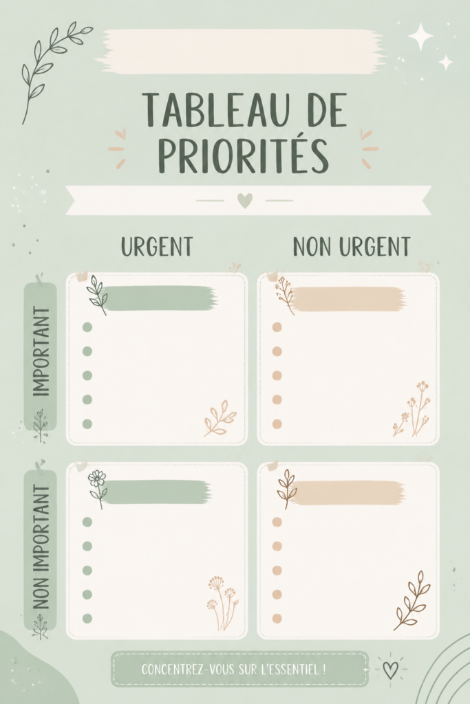 Femme utilisant un tableau de priorités pour organiser sa journée, améliorant ainsi sa productivité.
