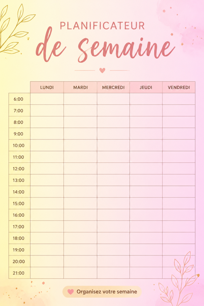 Illustration d'un planificateur de semaine gratuit avec des notes et des stylos colorés sur une table.