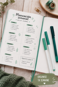Image d'un bullet journal ouvert avec des pages colorées organisées pour la semaine.