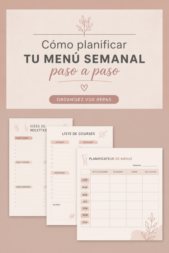 Femme préparant un menu hebdomadaire avec des ingrédients frais et colorés.