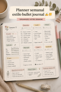 Une main écrivant dans un bullet journal avec des stylos colorés