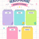Un planner hebdomadaire coloré ouvert sur une table, avec des stylos et des notes.