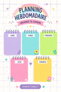 Un planner hebdomadaire coloré ouvert sur une table, avec des stylos et des notes.